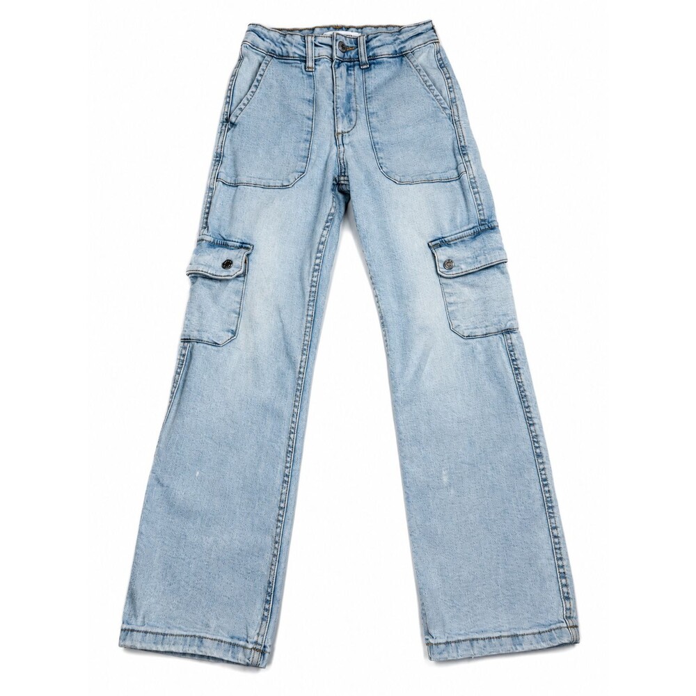 ZARA Girls Size 10 140 Light Wash Wide Leg Cargo Jeans Utility Denim Preowned